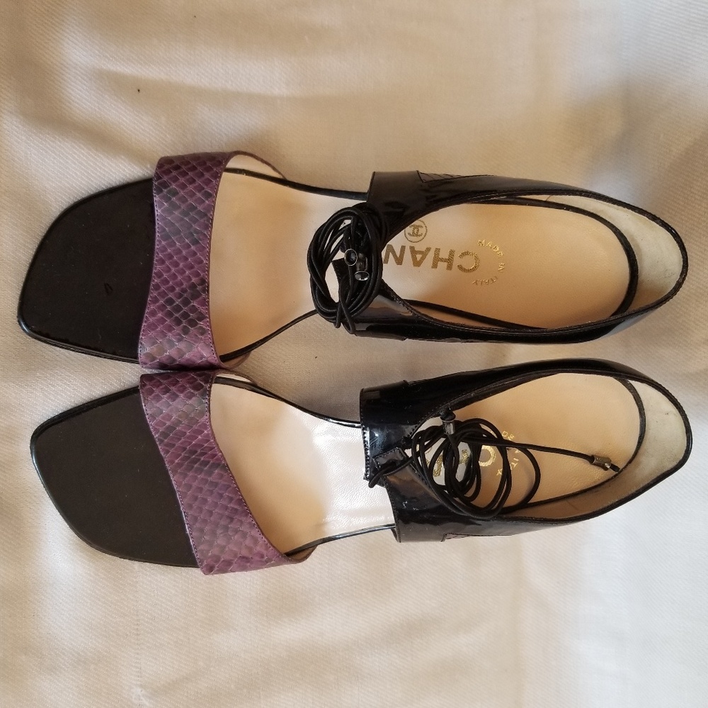 Chanel purple snakeskin/black heeled sandals